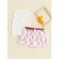 thumbnail image 5 of Musuos KId Girls Summer 2 Piece Skirt Outfits 6Months - 4Years White Sleeveless Lapel Tank Tops Floral Checkerboard Print Skirt with Belt Set, 5 of 10