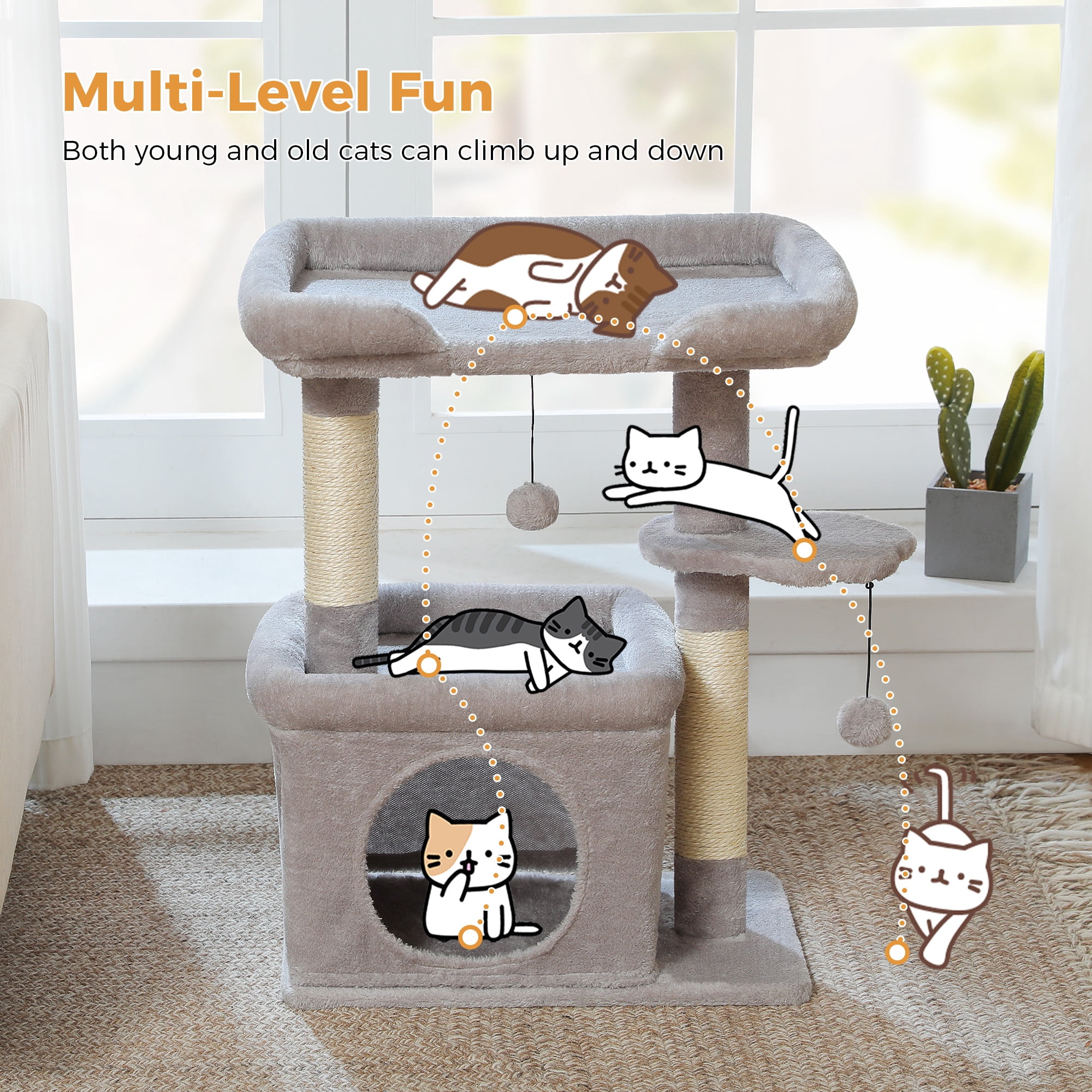 PAWZ Road 27" Cat Tree Tower with Large Perch, Scratching Posts, Cat Condo for Medium Cats, Gray