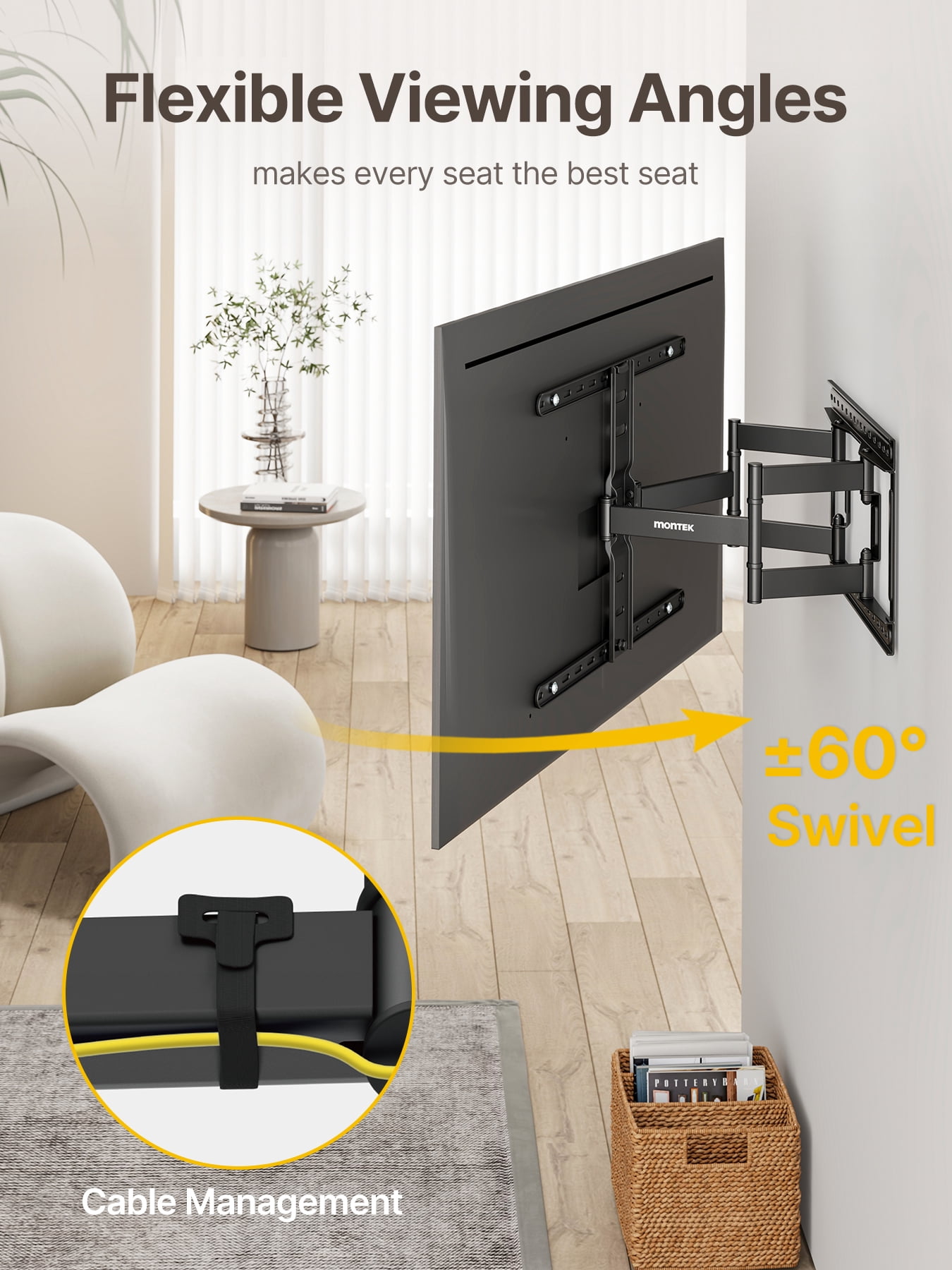 monTEK Ultra Slim TV Wall Mount for 43 –90" TVs, Articulating Swivel Bracket with Cable Management, VESA up to 600x400mm, 132lbs Capacity