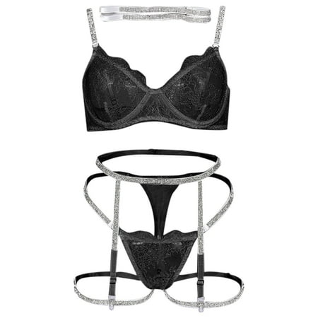 

Exotic Lingerie Sets For Women Solid Color Lace Stitching Hot Drill 4PCS Cut Out Bra Sets