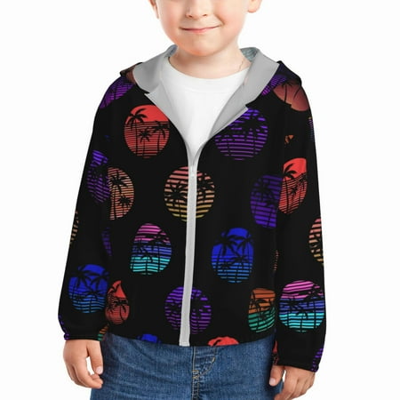 

Sun Hoodie for Kids 80s Style Palm Trees Long Sleeve Swim Fishing Shirts Sun Protection Zip Up Jacket Clothing Athletic Hoodie