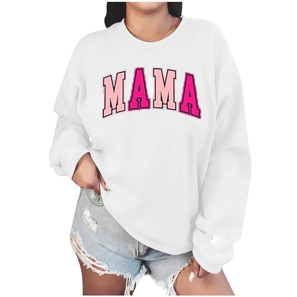 Sudadera Penkiiy Mama Mujer Glitter Patch Mama Crewneck Sudaderas Mama Print Manga Larga Moda Suéter XS Blanco