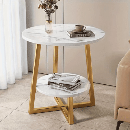 Modern 2-Tier Metal Coffee Table with Storage Shelves Compact Round Side Table for Living Room Balcony or Bedroom White Marble Top 4 Color Options Minimalist Design Versatile Furniture