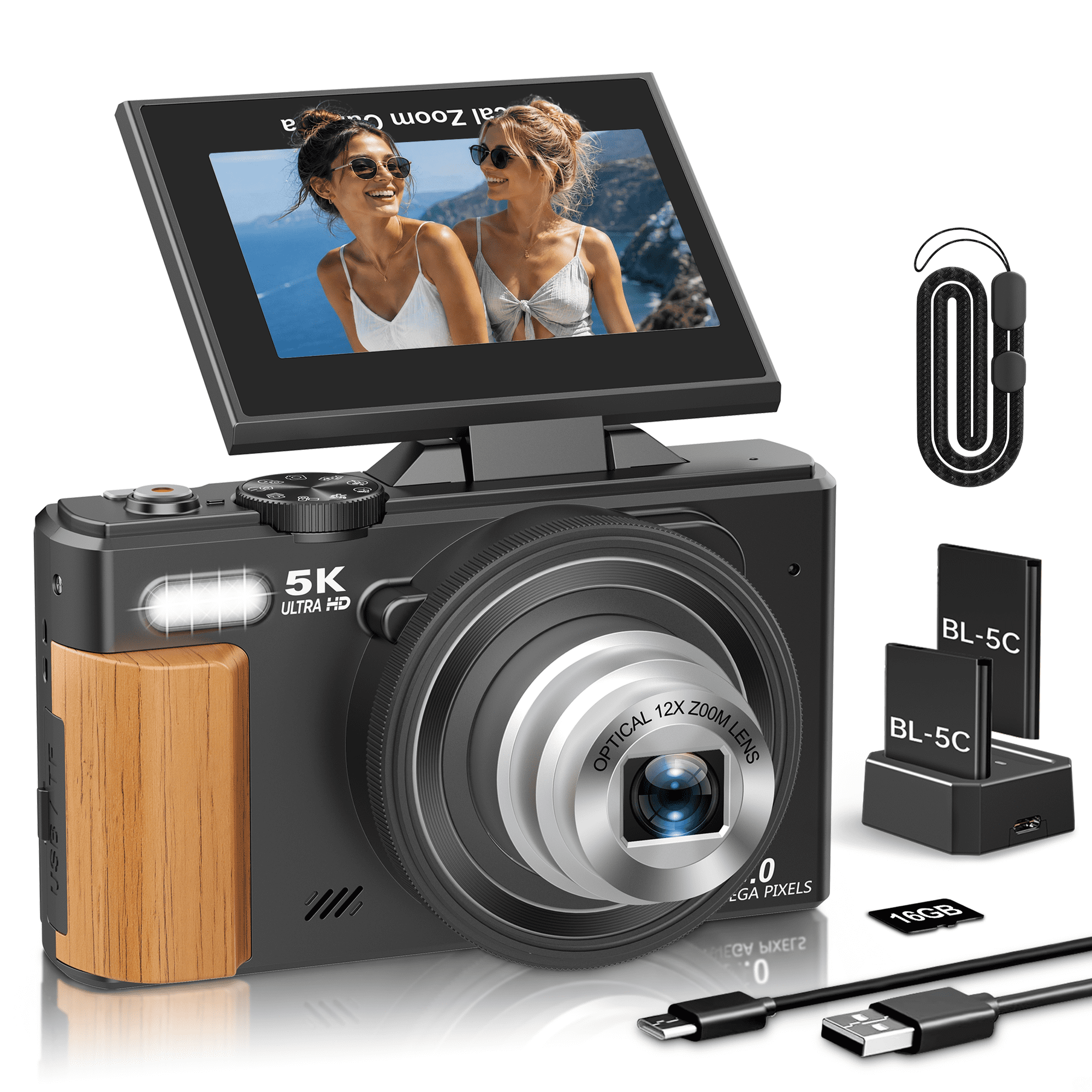 5K 80MP Digital Vlog Camera for YouTube Travel Creators, 12X Optical Zoom Camera with WiFi, Autofocus, 3.0" Screen, HDMI, 2 Batteries & 16GB SD Card