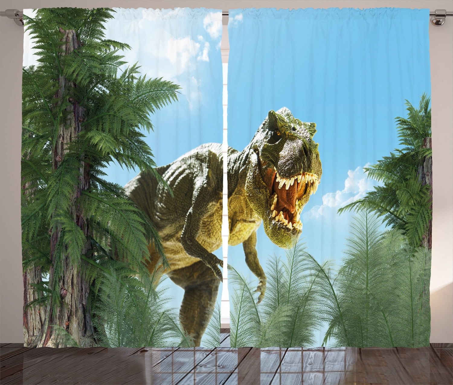 3D Blockout Drapes Fabric Tropical Jungle Dinosaur Statue Window Print Curtain 