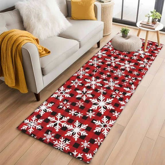Christmas Kitchen Runner Rug 2x6 Washable Runners for Hallway Non Slip Winter Snowflakes Red Black Buffalo Plaid Large Area Rug Indoor Floor Carpet for Bathroom Laundry Entryway Bedroom Living Room