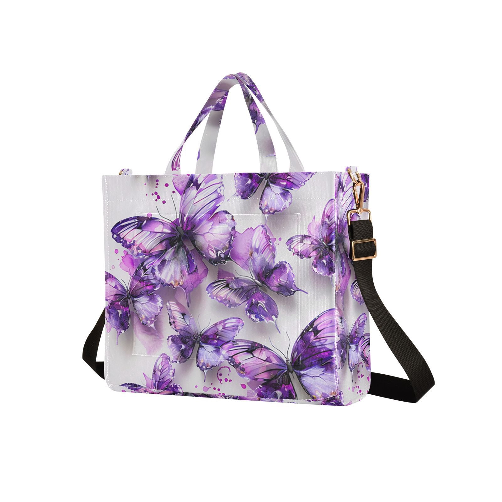 Purple Butterflies Watercolor Corduroy Tote Bag Handbag Large Messenger Bag Shoulder Crossbody Zipper Bag Purse