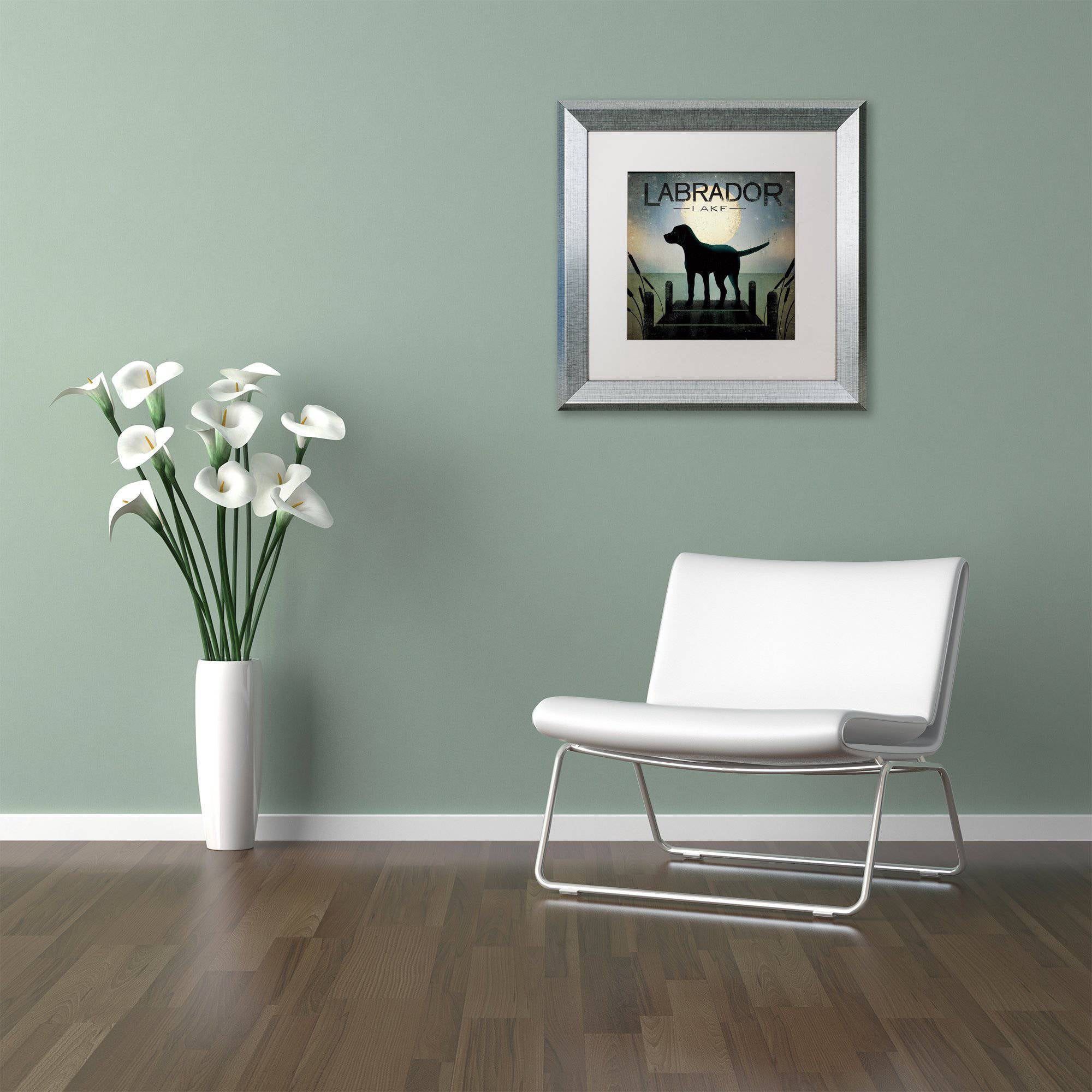 Trademark Fine Art "Moonrise Black Dog Labrador Lake" Canvas Art by Ryan Fowler White Matte, Silver Frame