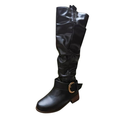 

nsendm Womens Boots Low Heel round Toe Boots Women s Women Round Flat Boots Shoes Head Belt Buckle Boots for Women Shoes Black 9.5
