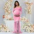 thumbnail image 2 of Kogui Maternity Dress Maternity Long Sleeve Off Shoulder Baby Shower Dress Party Mesh Paneled Split Maxi Photography Gown for Photoshoot (Pink,S), 2 of 8
