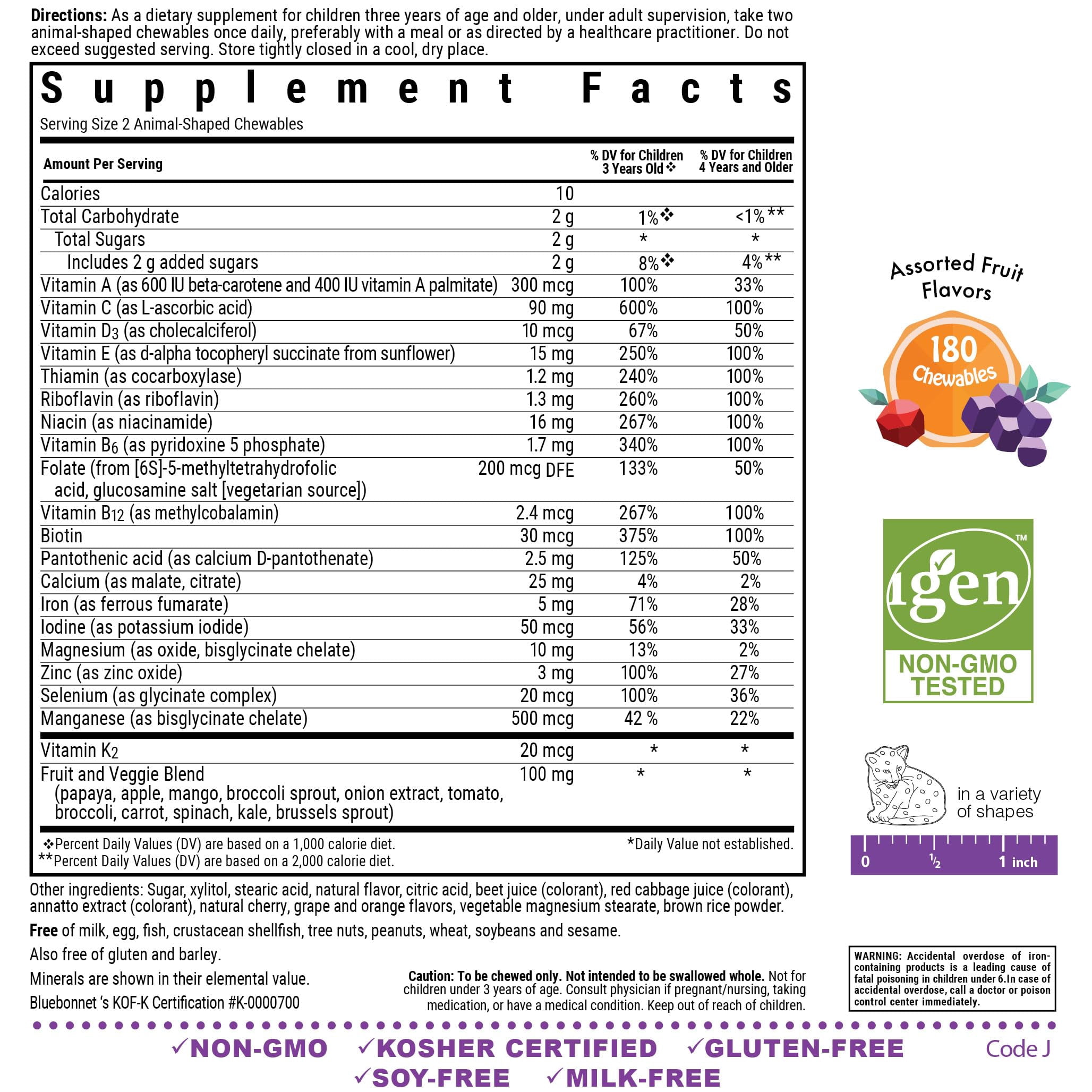 Bluebonnet Rainforest Animalz Kids Chewable Multivitamins, Vitamin C, D3, Iron, 180 Days