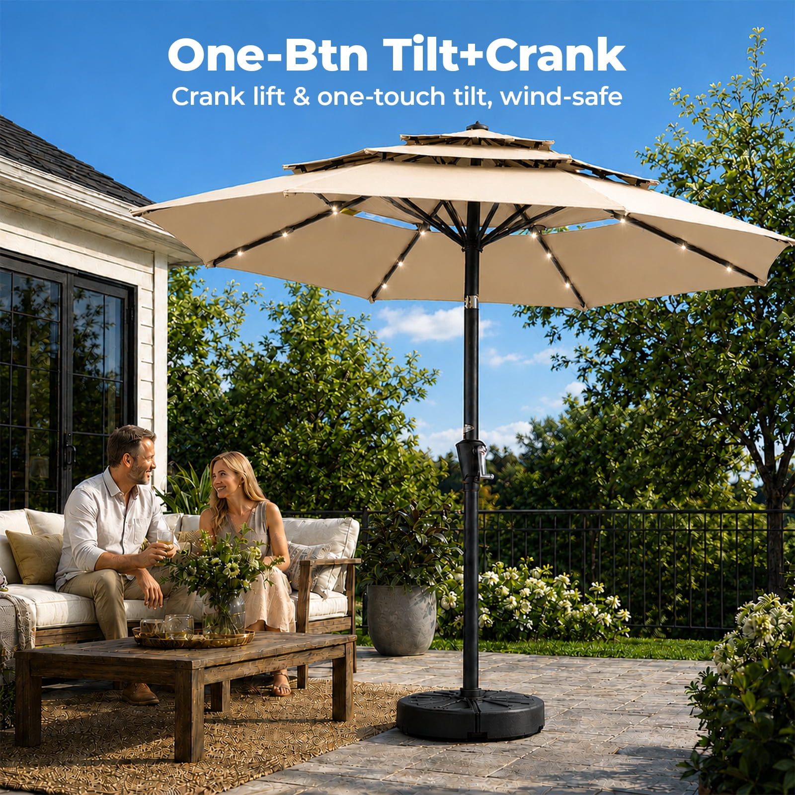 Alvantor 9ft 3‑Layer Solar Patio Umbrella Outdoor with 32 LED Lights, UV50+ Auto Dusk‑to‑Dawn for Dining Table, Outdoor Sofa & Beach Lounger
