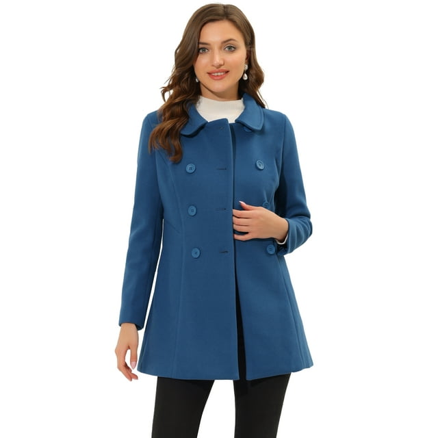 Abrigo Largo De Invierno Con Cuello Peter Pan Y Doble Botonadura Para Mujer azul gris oscuro M