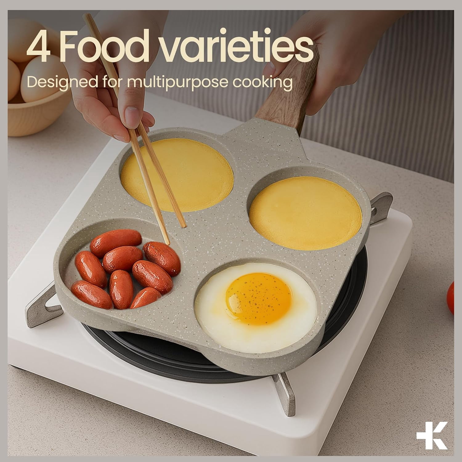 BAKKENMASTER 4-Cup Nonstick Granite Egg Frying Pan, 500F Stove-Safe, White Marble