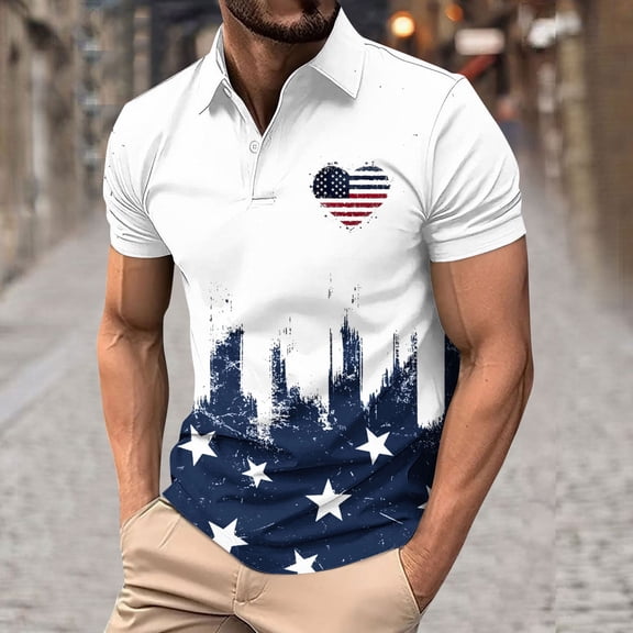 Zedker 4th of July T Shirts for Mens Big and Tall Short Sleeve Mens Shirts Casual Retro Summer American Flag Shirts White L