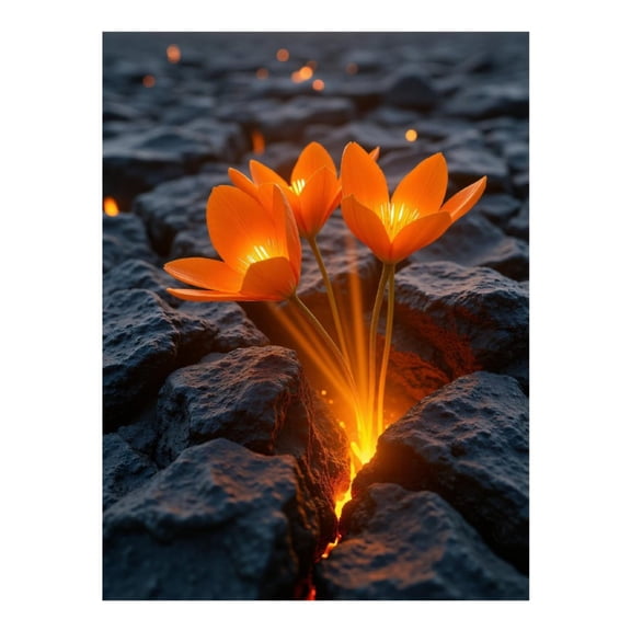 Diamond Art Kits for Adults - Orange Flowers Emerge Glowing Rocks 5d Diamond Painting for Adults, Diamond Art for Adults Beginners, Frameless Diamond Painting Kits for Adults for Home Wall Decor