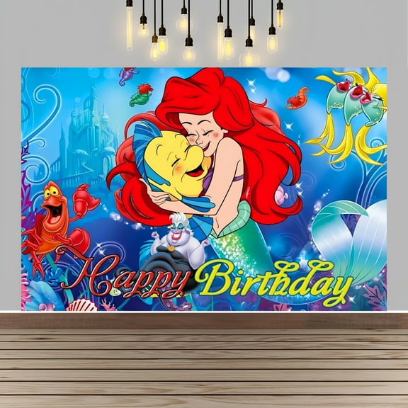 Mermaid Happy Birthday Anime Cartoon Theme Backdrops Banner Birthday Party Decor Supplies(5x3ft)