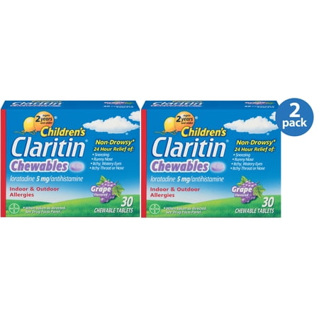 (2 Pack) Children's Claritin 24 Hour Allergy Grape Chewable Tablet, 5mg, 30Ct