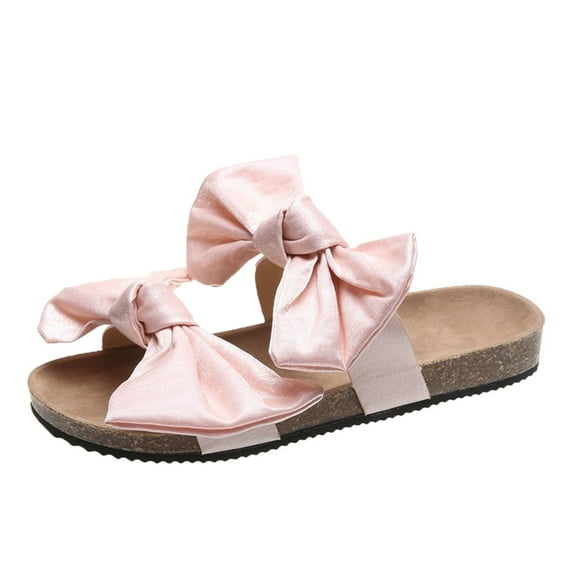 Anuirheih Slip on Sandals Women,New Fashion Outer Wear Bow Tie Flat Bottom Large Size Foreign Trade Slippers(Pink)