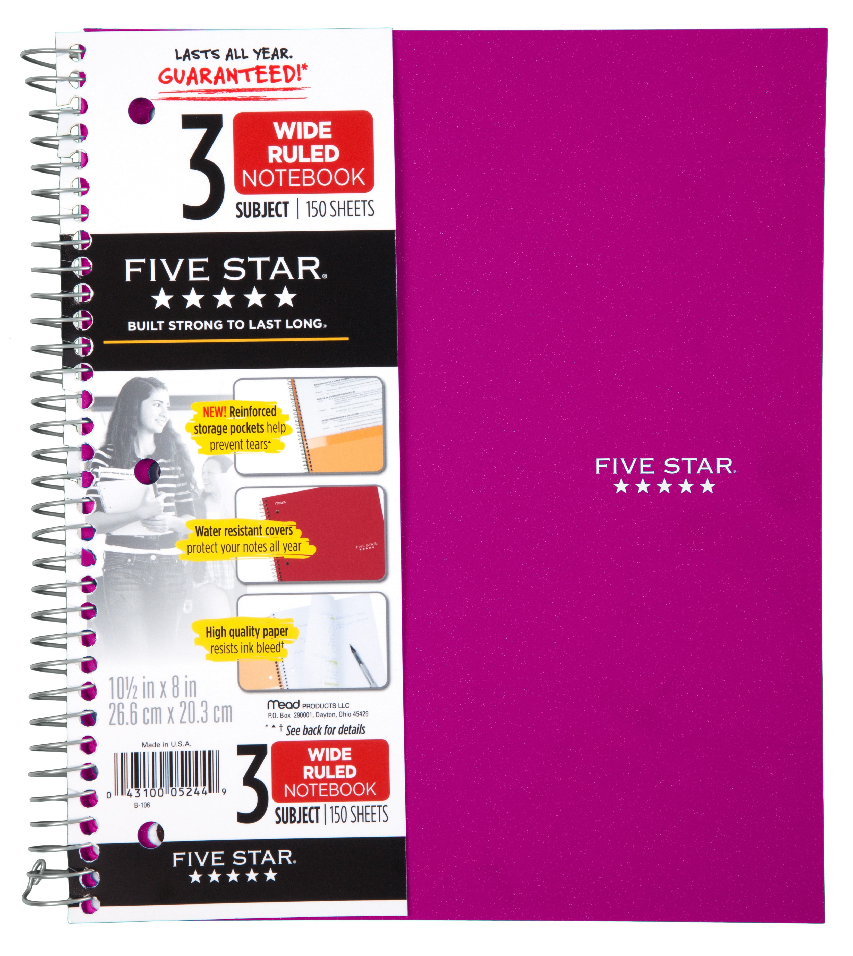 Five Star Wirebound Notebook, 3 Subject, Wide Ruled, Amethyst Purple