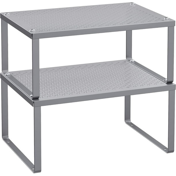 SONGMICS Especiero, Estante para Especias, Organizador para Armarios, para Mostradores, Elevador de Estantes, Apilable, Ampliable, Juego de 2 Estantes Metálicos para Cocina, Plata