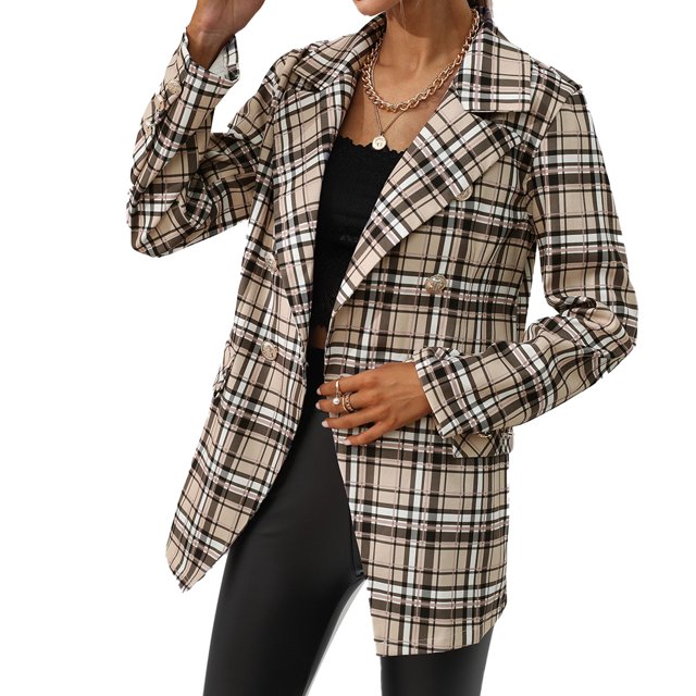 Chaqueta de traje de manga larga con cuello vuelto para mujer Chaqueta de traje de doble botonadura para trabajo de oficina con bolsillos de parche Albaricoque M