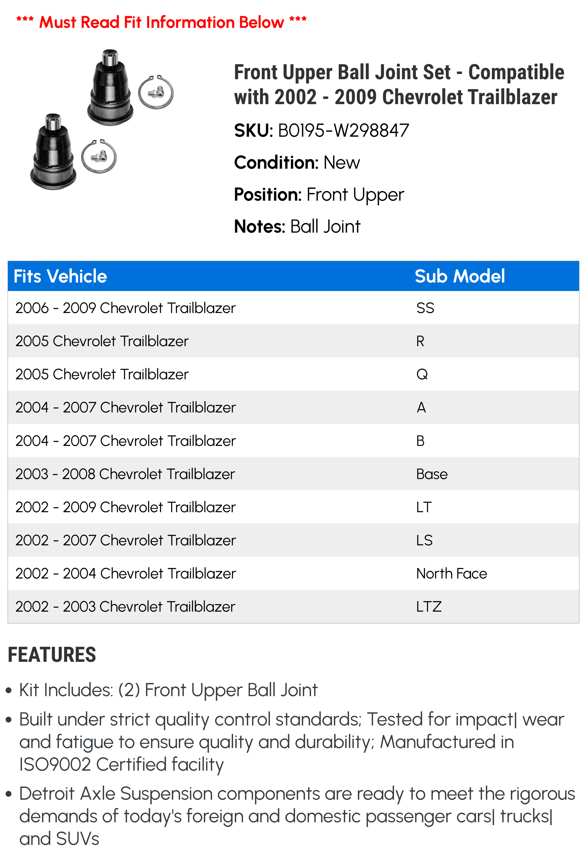 Front Upper Ball Joint Set - Compatible with 2002 - 2009 Chevy Trailblazer 2003 2004 2005 2006 2007 2008