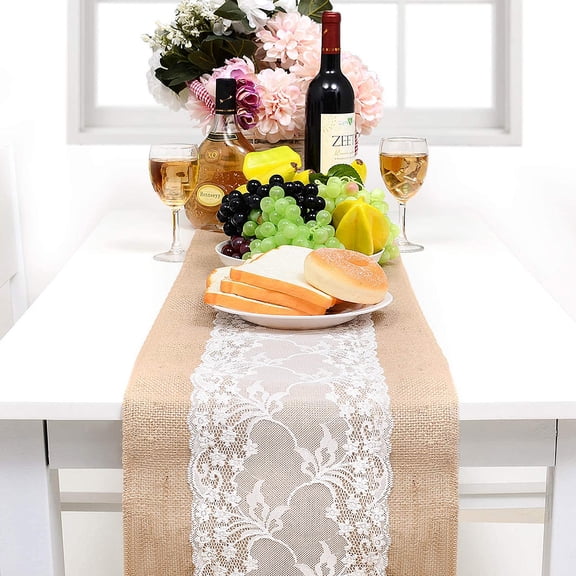 CIMAXIC Reusable White Jute Lace Tablecloth Runner Rustic Style Party Table Decor