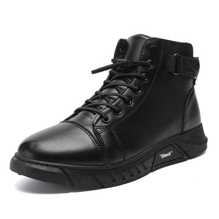 

Men‘s High Top ‘Black‘ Plain Color Faux Leather Hook And Loop Fastener Round Toe Anti-skid Lace Up Casual Boots Men‘s Shoes