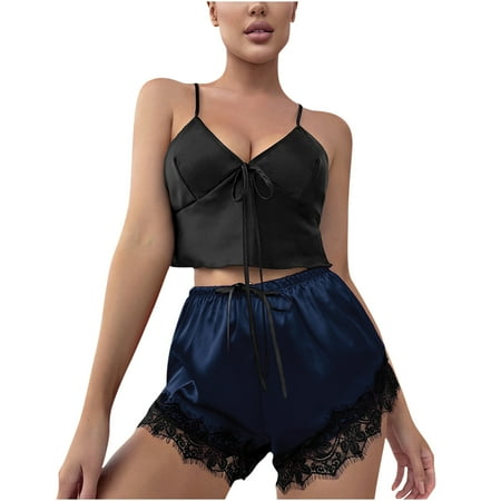 

Silk Pajamas Set Women Satin Camisole Sleepwear Lingerie 2 Piece Pjs Crop Cami Top V Neck and Lace Trim Shorts Nightwear Womens Clothes