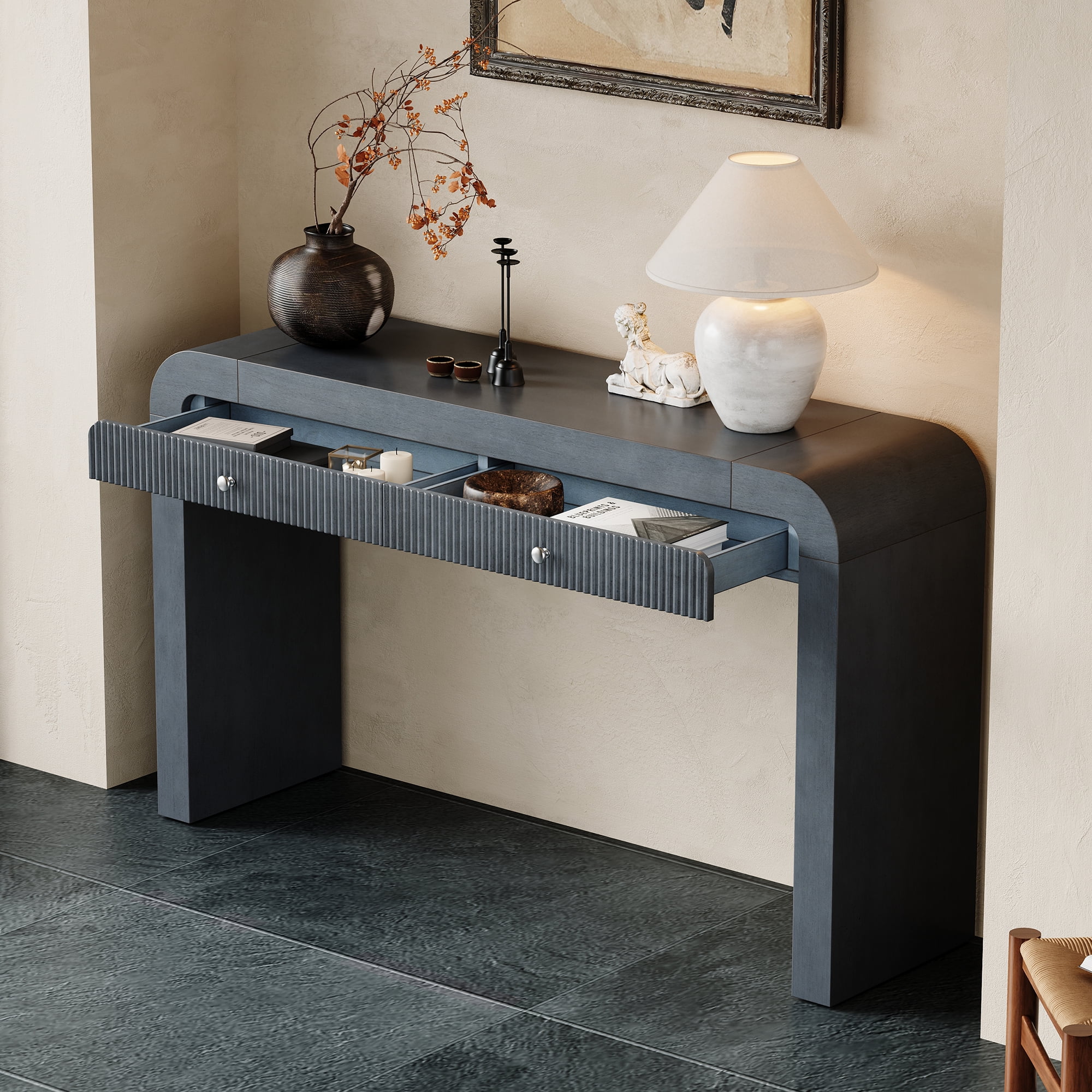EUROCO 54" Long Console Table,Rustic Entryway Table with 2 Drawers,Wood Sofa Table Behind Couch Accent Table for Hallway & Living Room,Dark Navy