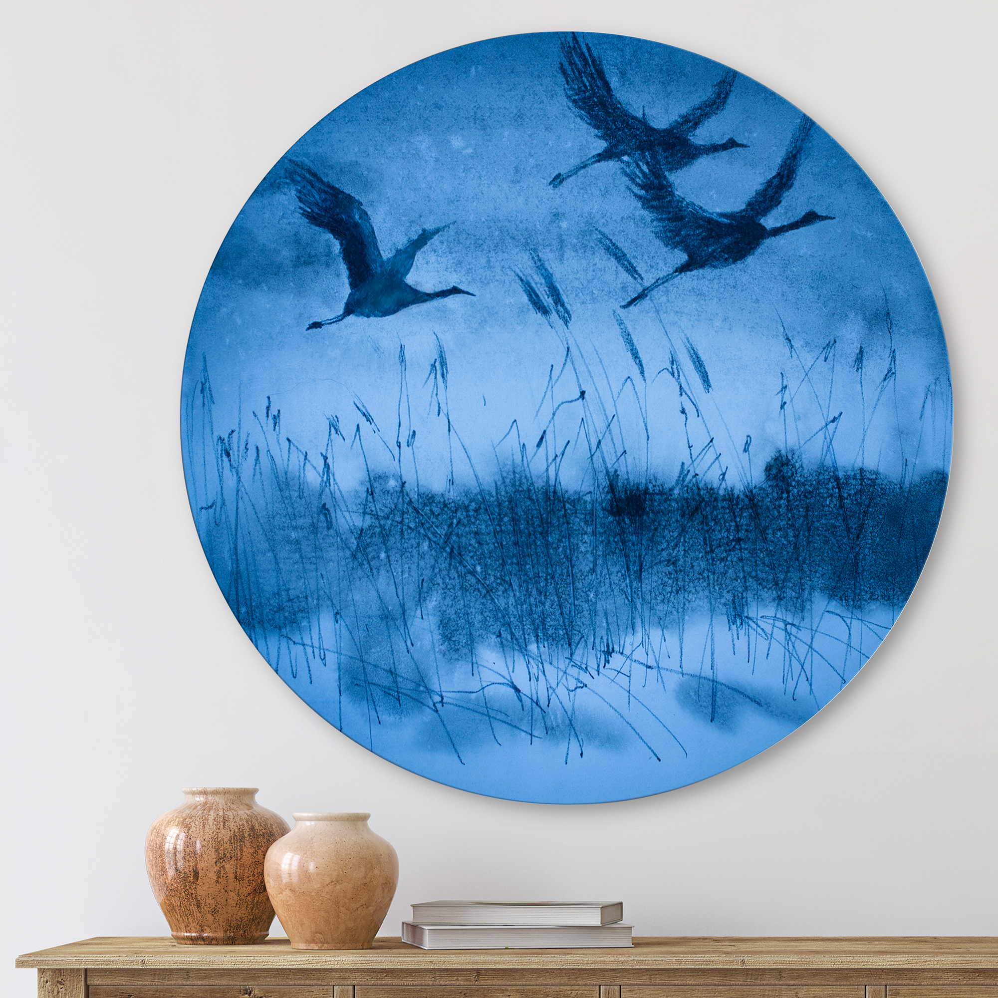 Designart 'Cranes In Flight During Blue Evening Light' Traditional Circle Metal Wall Art 11x11 - Disc of 11
