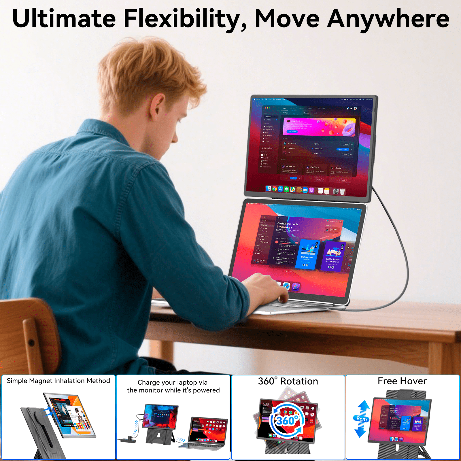 Laptop Screen Extender, 16 Inch FHD 1200P Portable Monitor, Up and Down Adjustable and 360° Rotatable Removable Stand, Travel Monitor for Laptop, Portable Screen for Windows / PC / Mac