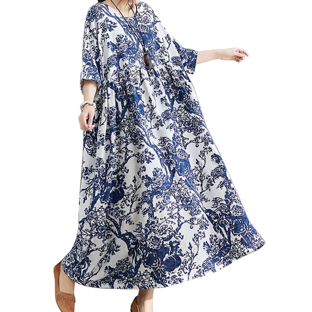 Vestido de mujer Irfora Vestido de lino de algodón para mujer Bolsillos con estampado floral Media pantorrilla O-cuello suelto Manga corta Tallas grandes Casual Irfora Vestido de mujer