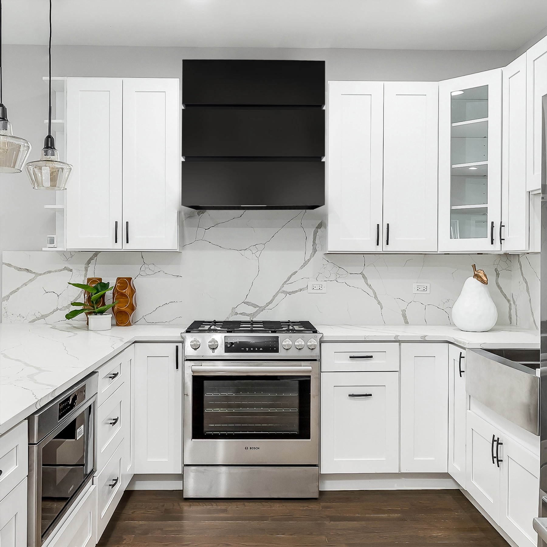 Akicon 36" Stainless Steel Range Hood, Modern Box Ducted Kitchen Hood with Powerful Vent Motor, Wall Mount, 36"W * 30"H*14"D, Jet Black