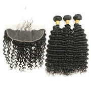 Ustar Black Virgin Deep Wave Hair 3 Bundles, 8"10"12"with 10"Frontal