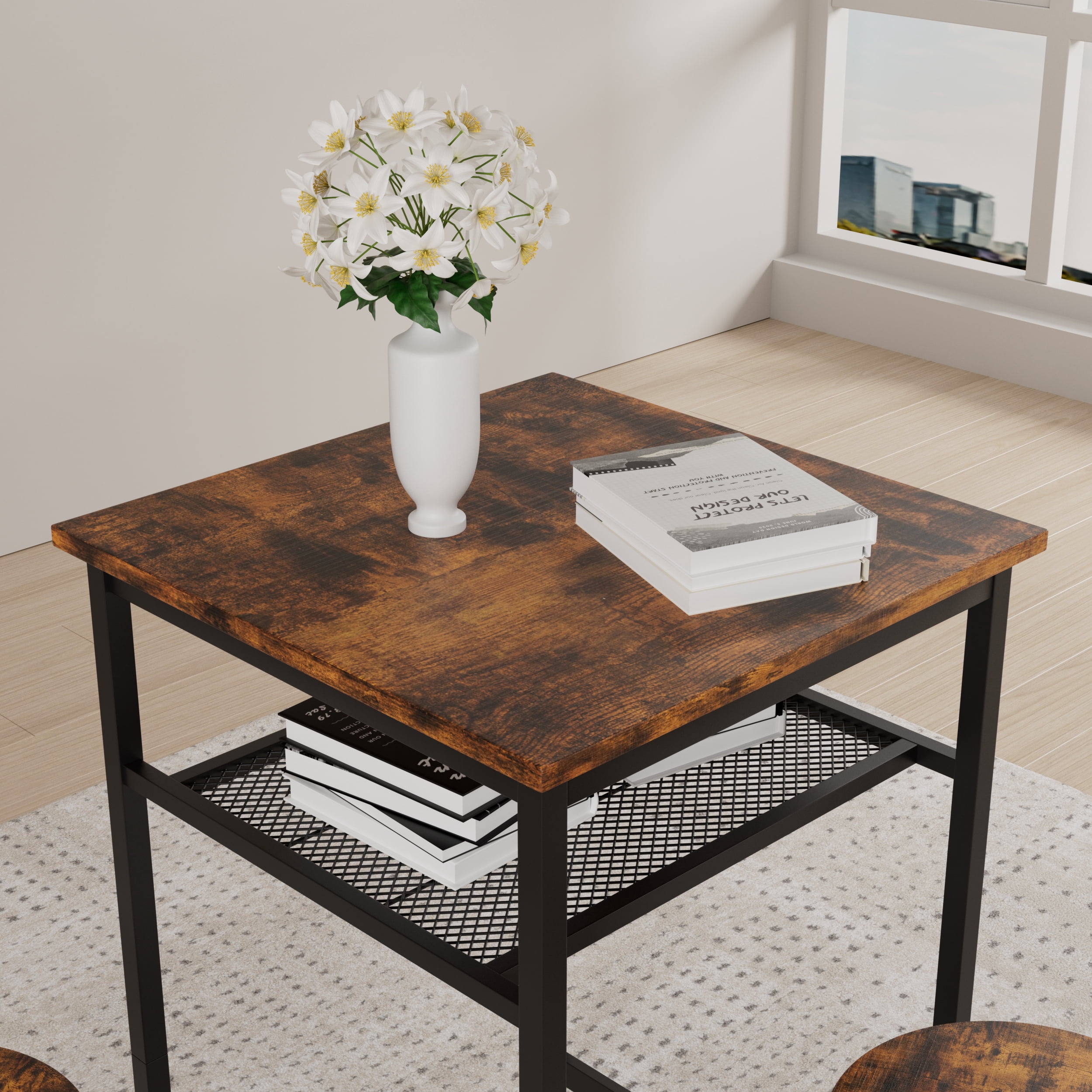 Bar Table Set of 2,Bistro Kitchen Table Sets,Wood Pub Bar Table Set with Storage Rack for Small Space, Apartment,Brown