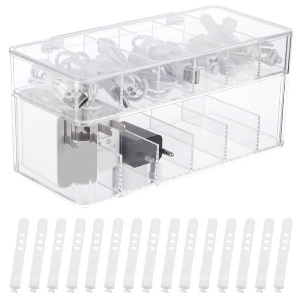 Caja organizadora de cargador de cable USB de doble capa con 12 rejillas, caja de almacenamiento de accesorios electrónicos de plástico con tapa, caja de gestión de cables con 15 bridas, caja de cable