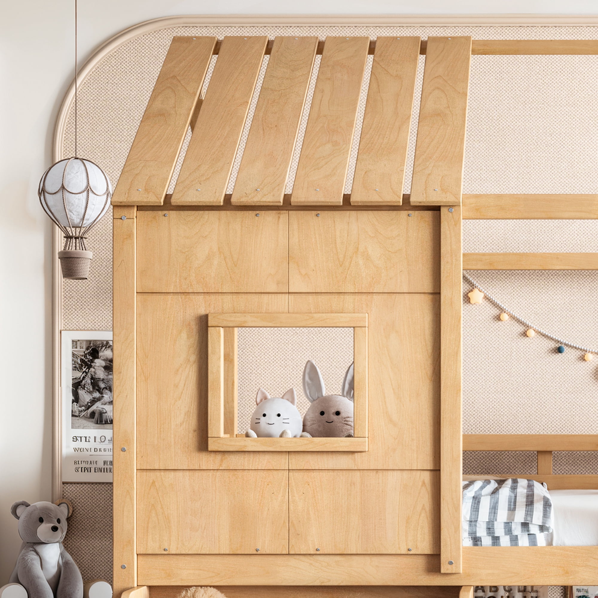 Leumius Full Size Loft Bed with Storage Shelves and Stairs, House Loft Bed with Playhouse Shape Roof and Window, Childlike and No Box Spring Needed Design, Natural