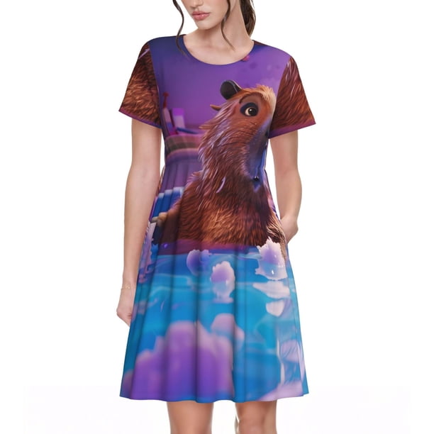 Disketp Capybara Bathtub Fun para Vestido de Manga Corta para Mujeres, Vestidos de Verano para Mujeres, Casual y Holgado para la Playa