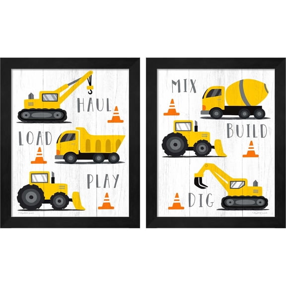 Great Art Now Haul, Load, Play & Mix, Build, Dig by Elizabeth Tyndall, 2 Piece Framed Art Set Each 9.25"W x 11.25"H