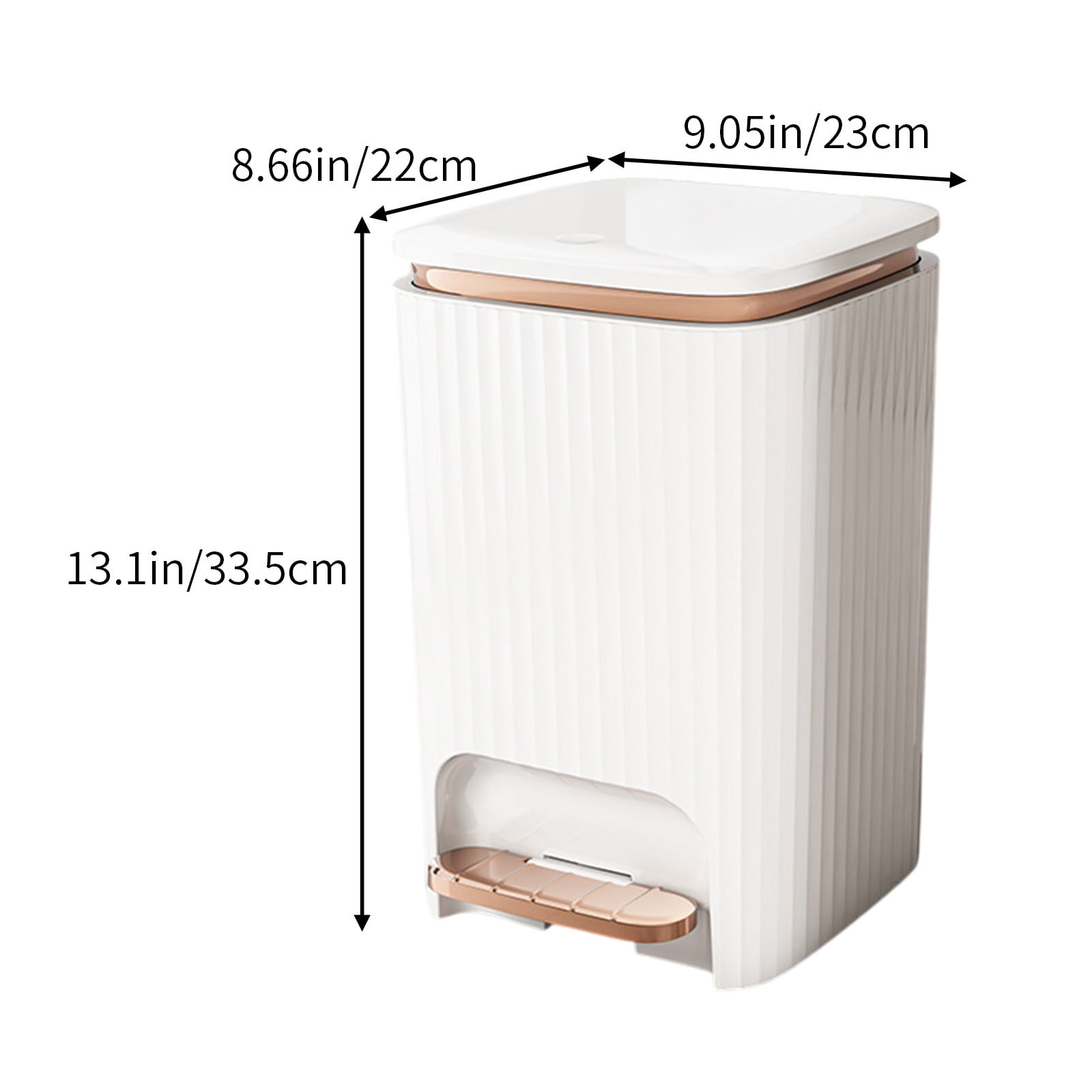 Under $20 9/12 Liter Large Capacity Trash Can Square Plastic Garbage Can with Lid, Step Pedal Trash Can for Living Room, Bedroom, Kitchen, Bathroom(White + Gold, 12L)