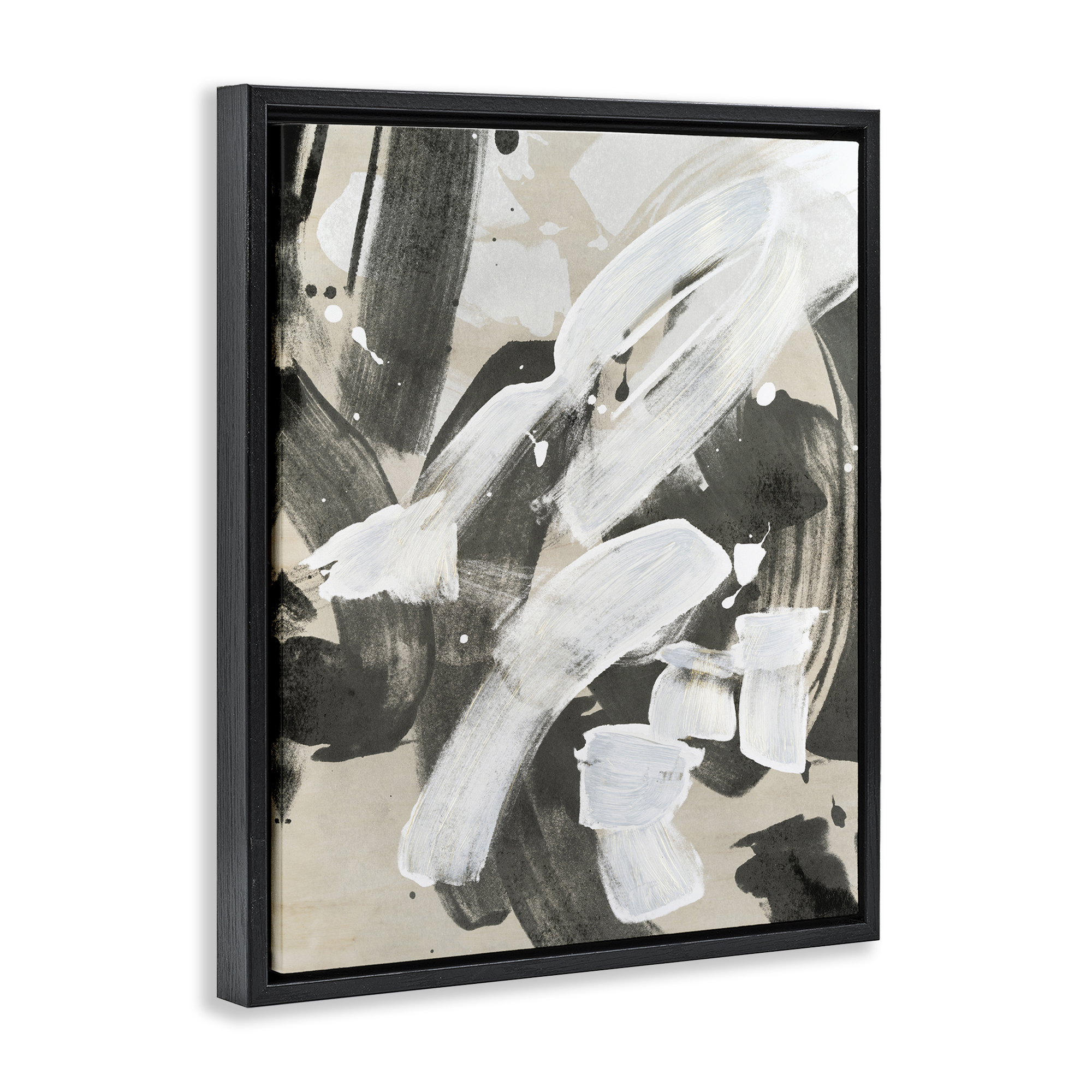 Stupell Industries Modern White Brush Stroke Abstract Painting Black Floater Framed Canvas Art Print Wall Art, 25 x 31