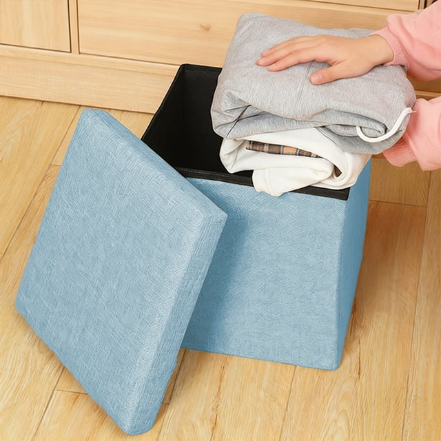 mtvxesu Foldable Linen Storage Stool Ottoman with Lid, Multifunctional Fabric Seat and Storage Box Organizer for Living Room, Bedroom, Hallway, 1-Piece