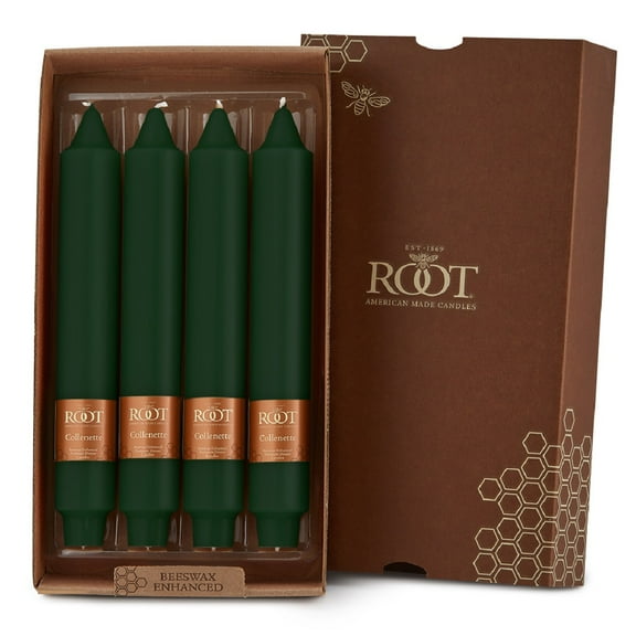 ROOT Candles Unscented Smooth Collenette Taper Candles, 9-Inch Tall, Box of 4, Color: Dark Green