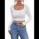 thumbnail image 3 of Tops Cortos de Larga para Mujer, con Cuello Cuadrado Acanalado, Ajustados, Informales, A para Dama M, 3 of 9