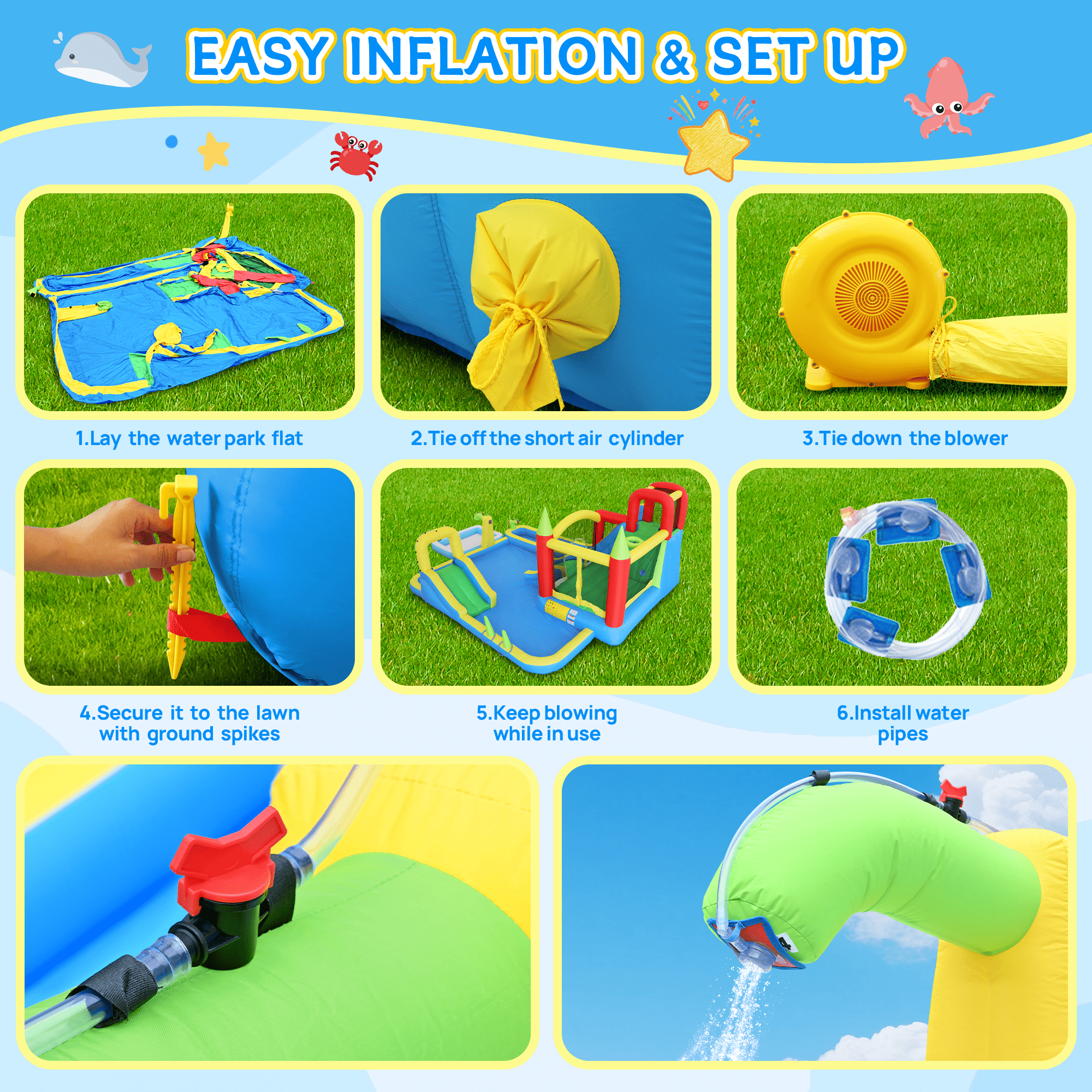 11-in-1 Inflatable Water Park Bounce Castle, Wet & Dry Slide with Pool, Water Gun, Trampoline, Climbing Wall, Basketball Hoop & Ring Toss, Indoor Outdoor Kids Play for Backyard Party