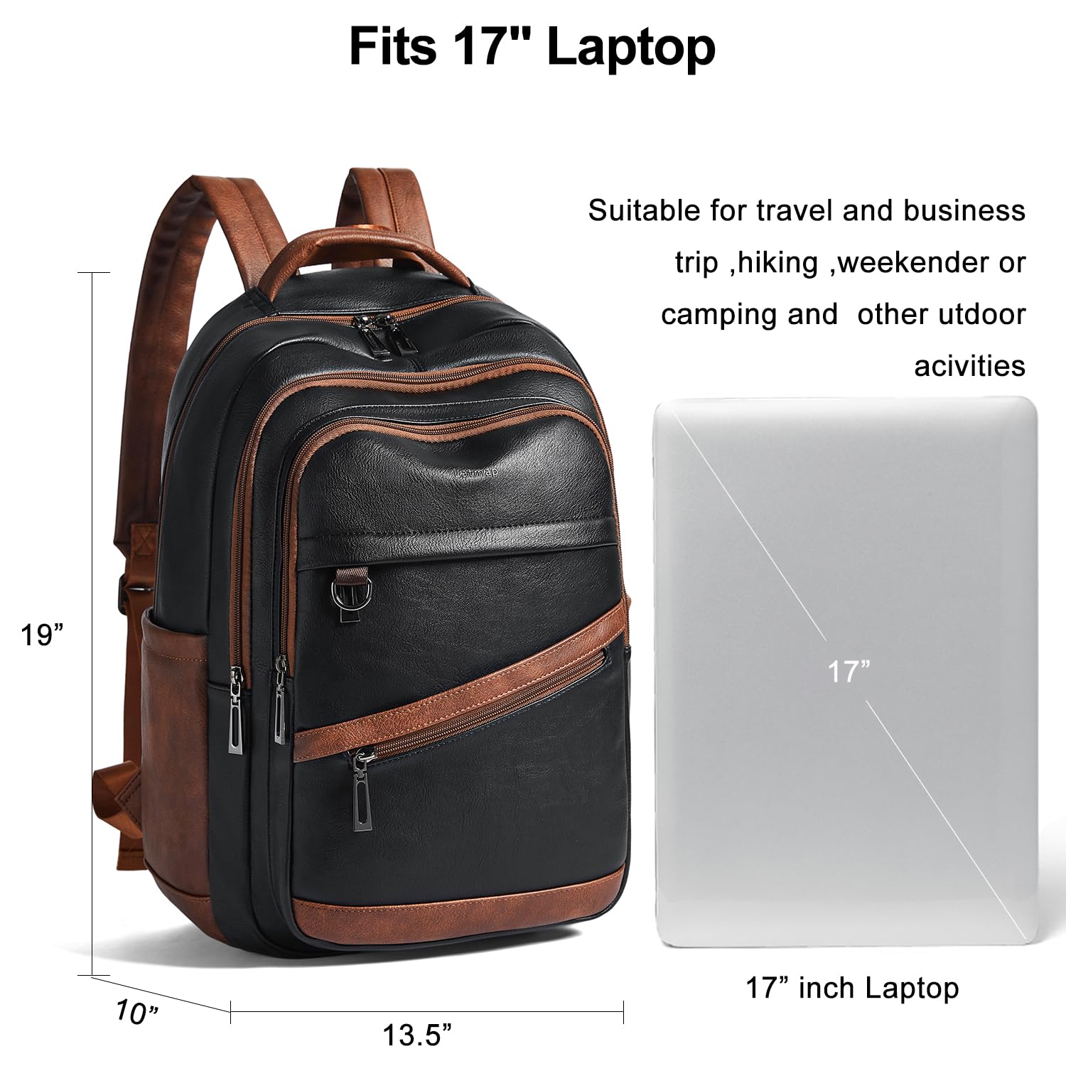 43L Vegan Leather Backpack for Women & Men, Travel Carry On Backpack, College Bookbag, Work Laptop Backpack fits 17 inch Laptop，Black&Brown