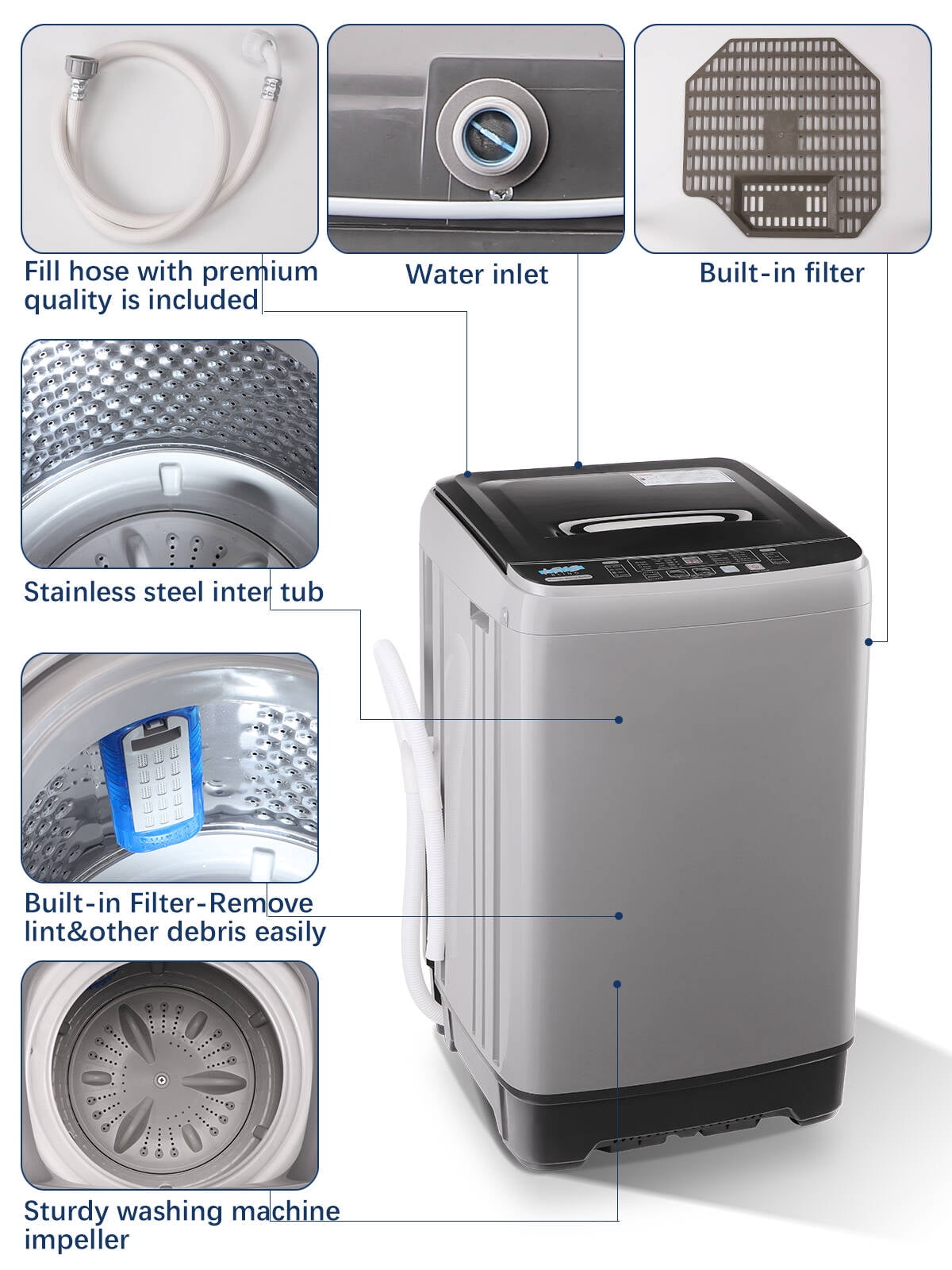 Krib B Full Automatic Washing Machine with Drain Pipe, 17.7 lbs Portable Washers with 10 Programs & 8 Water Levels, Suitable for Apartment, Dorm, Grey