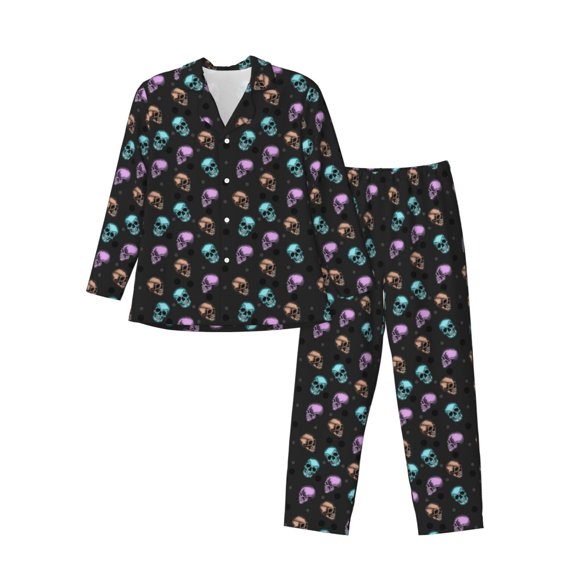 Fotbe purple cyan brown Skull Pijama de Hombre con Estampado de Manga Larga, Conjunto de 2 Piezas, Ropa de Dormir Suave y Cómoda con Bolsillos-Large